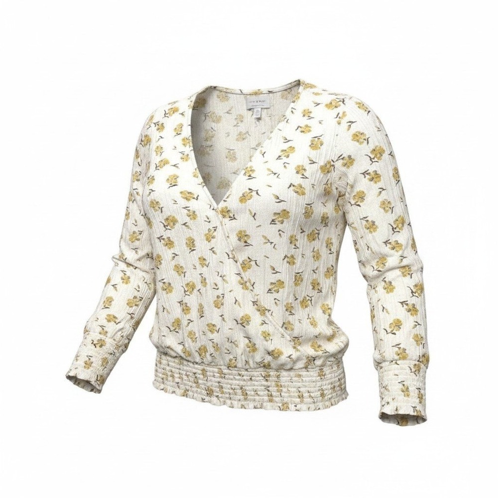 Lucky Brand Womens Floral Surplice Smocked Hem Top Cream‎ Yellow Large